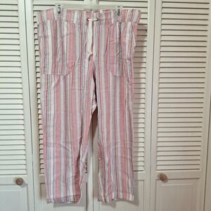 Purple & More Womens XL Linen Blend Striped Drawstring Pants Coral Blue White
